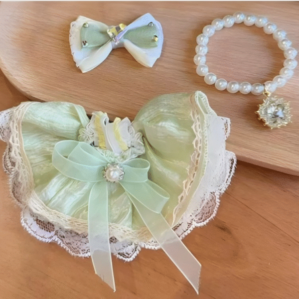Fresh Green Lace Dress Set (Bow + Dress + Necklace)