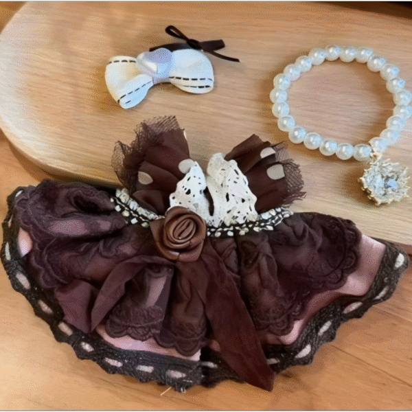 Dark Coffee Pink Princess Dress Set (Bow + Dress + Necklace)