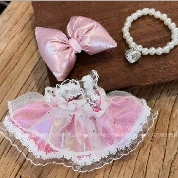 Pink And White Hot Stamping Princess Dress Set (Bow + Dress + Necklace)